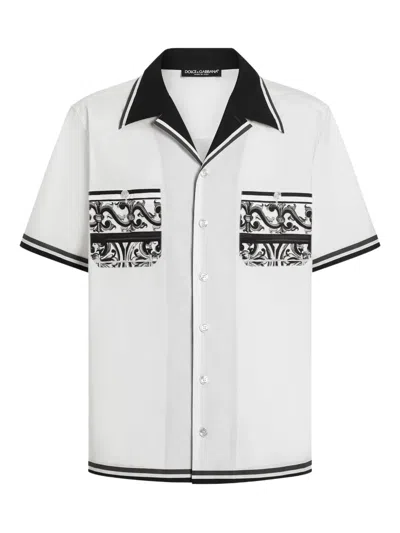 Dolce & Gabbana Short Sleeve Shirt With Contrast Collar And Graphic Print In Black