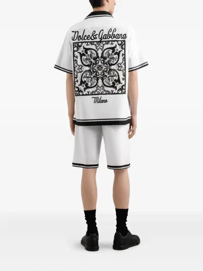 Dolce & Gabbana Short Sleeve Shirt With Contrast Collar And Graphic Print In Black