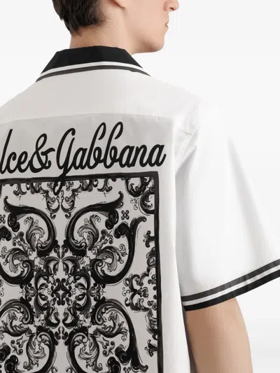 Dolce & Gabbana Short Sleeve Shirt With Contrast Collar And Graphic Print In Black