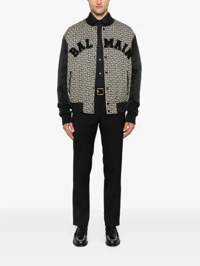 Balmain Monogrammed Varsity Jacket With Patches In Gray