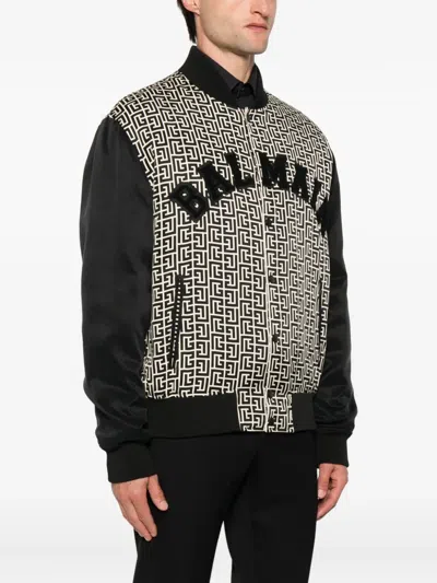Balmain Monogrammed Varsity Jacket With Patches In Gray