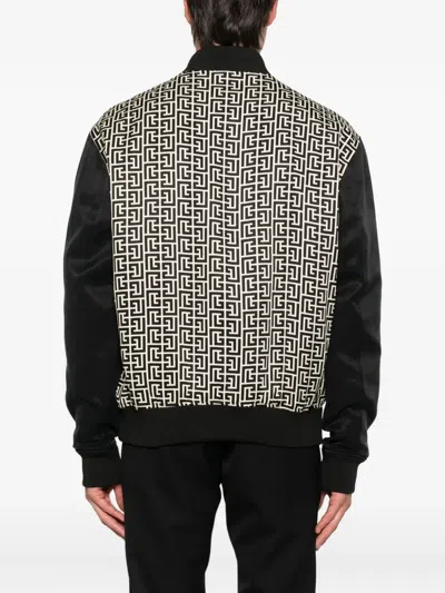 Balmain Monogrammed Varsity Jacket With Patches In Gray