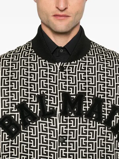 Balmain Monogrammed Varsity Jacket With Patches In Gray
