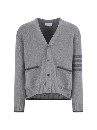 Thom Browne Grey Cardigan With V Neck And Striped Detail On The Sleeve In Wool Man In Gray
