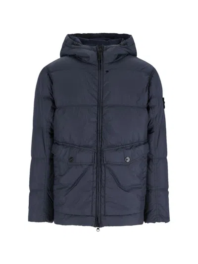 Stone Island Blue Down Jacket With Drawstring Hood And Logo Patch On The Sleeve In Tech Fabric Man In Blue