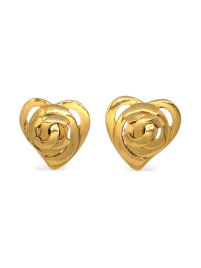 Pre-owned Chanel 1995 Heart-motif Cc Earrings