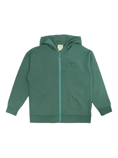 Fendi Embroidered-logo Zip-up Hoodie In Green