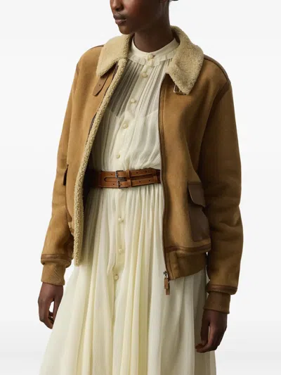 Ralph Lauren Shearling-collared Bomber Jacket In Brown