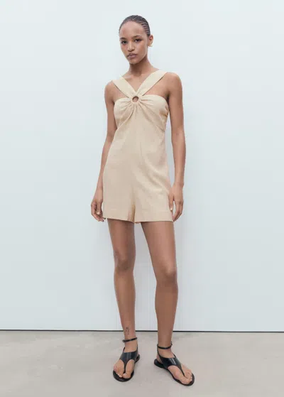 Mango Linen Jumpsuit With Hoop Detail Sand In White