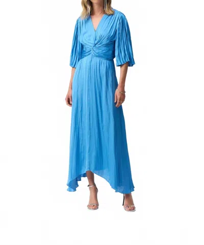 Joseph Ribkoff V-neck Pleated Satin Maxi Dress In Coastal Blue In Blue