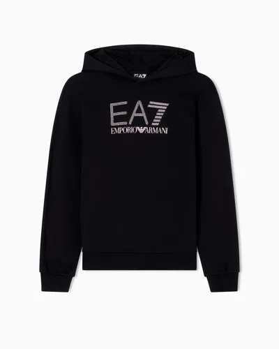 Ea7 Logo Series Organic Cotton-blend Hooded Sweatshirt With Rhinestones