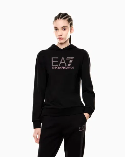 Ea7 Logo Series Organic Cotton-blend Hooded Sweatshirt With Rhinestones