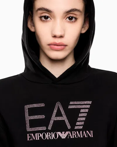Ea7 Logo Series Organic Cotton-blend Hooded Sweatshirt With Rhinestones