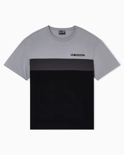 Ea7 Athletic Colour Block Cotton-blend Crew-neck T-shirt In Gray