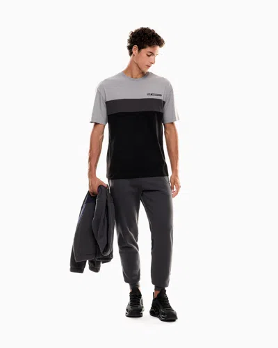 Ea7 Athletic Colour Block Cotton-blend Crew-neck T-shirt In Gray