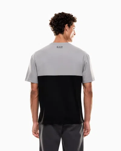 Ea7 Athletic Colour Block Cotton-blend Crew-neck T-shirt In Gray