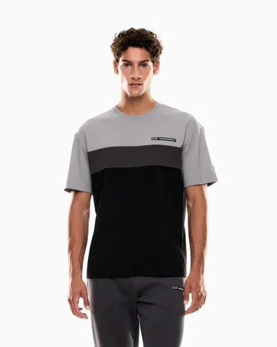 Ea7 Athletic Colour Block Cotton-blend Crew-neck T-shirt In Gray