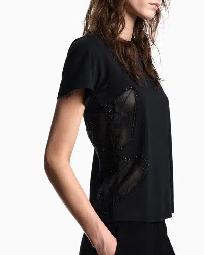 Emporio Armani Asv Supima Jersey T-shirt With Tulle Inserts In Black