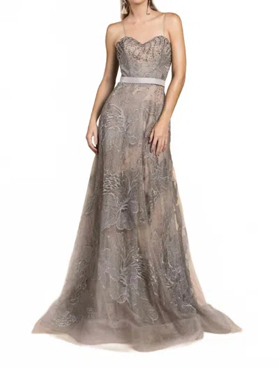 Andrea & Leo Couture Floral Gown In Gray