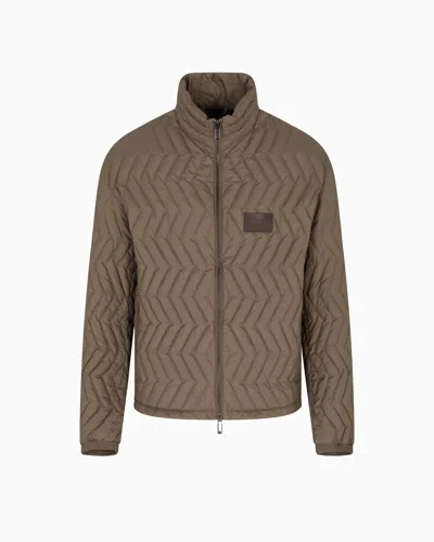 Emporio Armani Full-zip Down Jacket In Chevron Quilted Ripstop Nylon In Brown