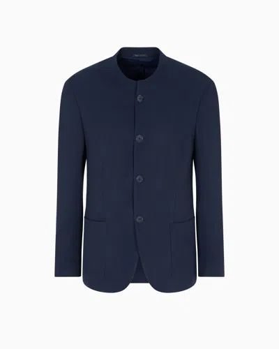 Giorgio Armani Cupro And Viscose Single-breasted Jacket With A Micro Chevron Motif In Blue
