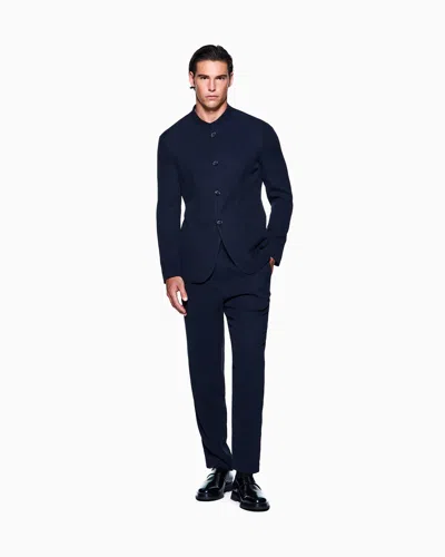 Giorgio Armani Cupro And Viscose Single-breasted Jacket With A Micro Chevron Motif In Blue