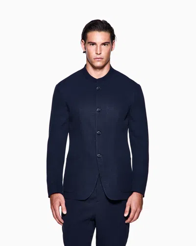Giorgio Armani Cupro And Viscose Single-breasted Jacket With A Micro Chevron Motif In Blue