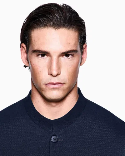 Giorgio Armani Cupro And Viscose Single-breasted Jacket With A Micro Chevron Motif In Blue