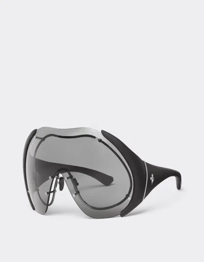 Ferrari Sunglasses In Metal And Black Leather With Dark Grey Shield