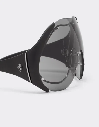 Ferrari Sunglasses In Metal And Black Leather With Dark Grey Shield
