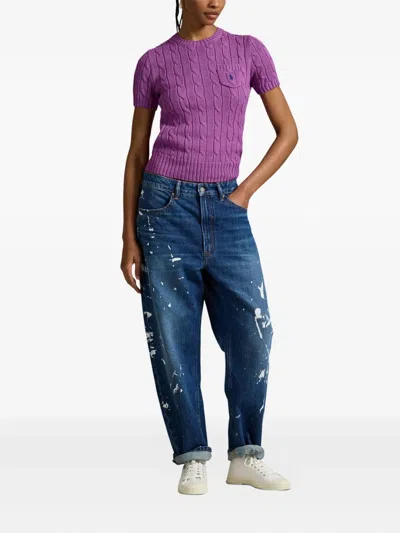 Polo Ralph Lauren Cable-knit Short-sleeve Top In Purple
