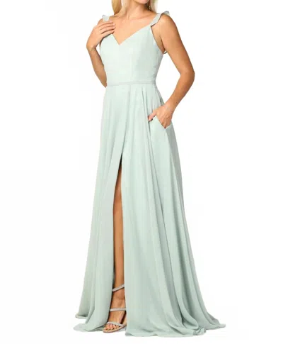 Eva Adrianna Ruffle Sleeve Chiffon Dress With Front Slit In Sage