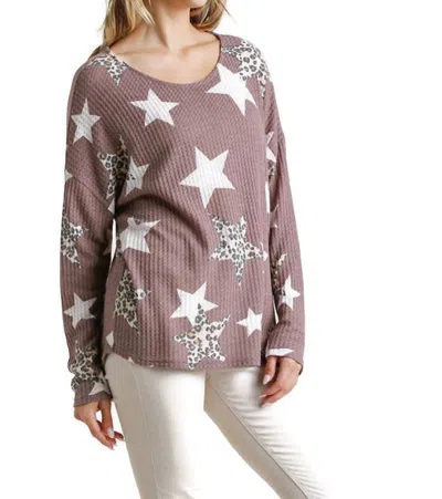 Umgee Star & Leopard Waffle Knit Top In Red Bean In Brown