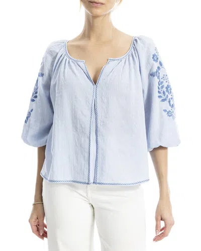 Max Studio Embroidered V-neck Ballon Sleeve Blouse In Blue