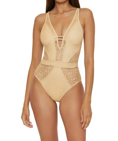 Becca Polished One-piece Plunge Swimsuit In Gold In Brown