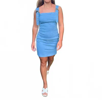 Lucky & Blessed Boundless Buckle Strap Denim Mini Dress In Blue In Blue