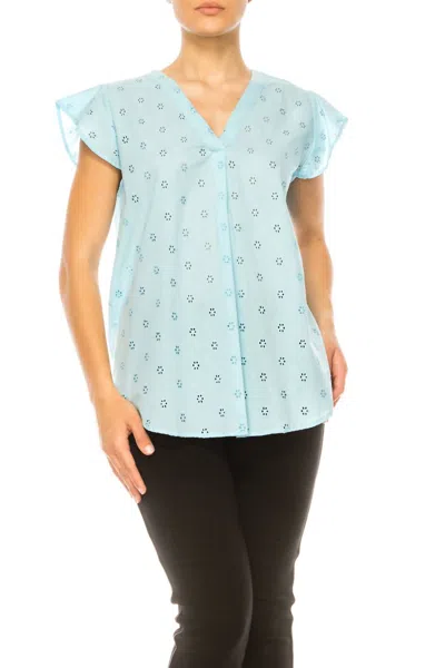 Grand & Greene Floral Eyelet Cap Sleeve Top In Sky Blue