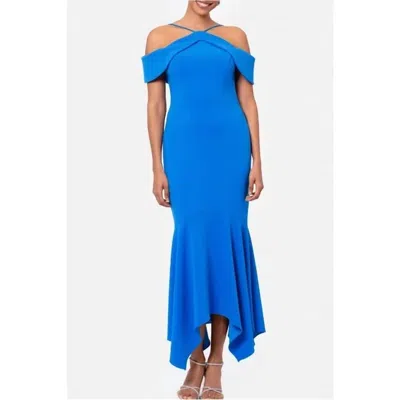 Xscape Evening Cold Shoulder Handkerchief Hem Scuba Crepe Gown In Blue In Blue