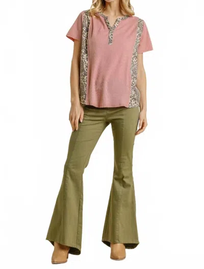 Umgee Leopard Trim Waffle Knit Top In Mauve