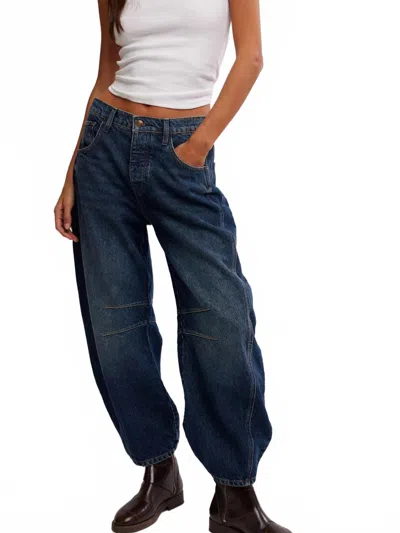 Free People Good Luck Mid Rise Barrel Jeans In Dark Wash In Blue