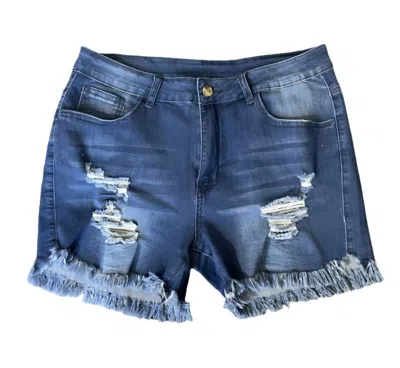 Shirley Stone Distressed Mid-rise Dark Wash Denim Shorts In Blue