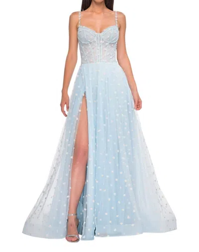 La Femme A-line Polka Dot Print Prom Dress In Light Periwinkle In Blue