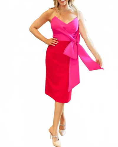 Posh Color Block Bow Cocktail Dress In Pink/red