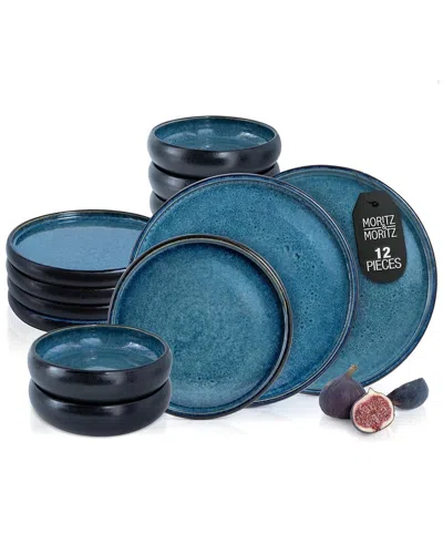 Moritz & Moritz Solid 12pc Blue Stoneware Dinnerware Set
