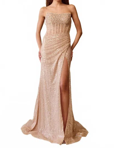 Amelia Couture Sequin Strapless Gown With High Slit In Gold