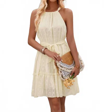 Epretty Textured Embroider Print Belted Halter Dress In Apricot In Nude