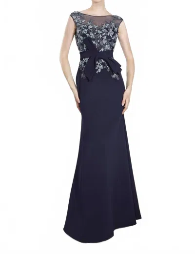 Janique Embroidered Bow Mermaid Gown In Navy