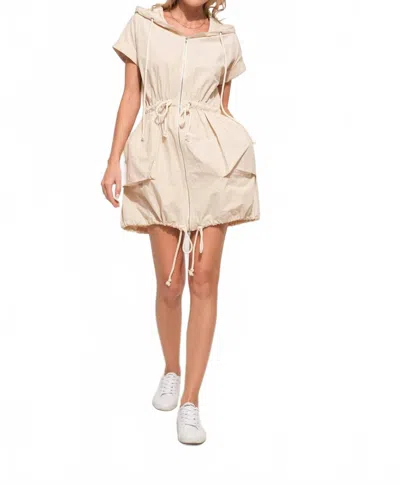And The Why Short Sleeve Drawstring Hooded Mini Dress In Almond