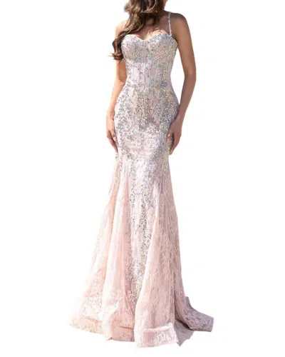 Portia And Scarlett Lace And Crystal Mermaid Gown In Cinder Pink Ab In Pink