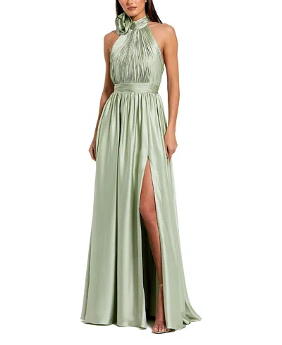 Mac Duggal Soft Tie Halter Neck High Slit Gown In Green